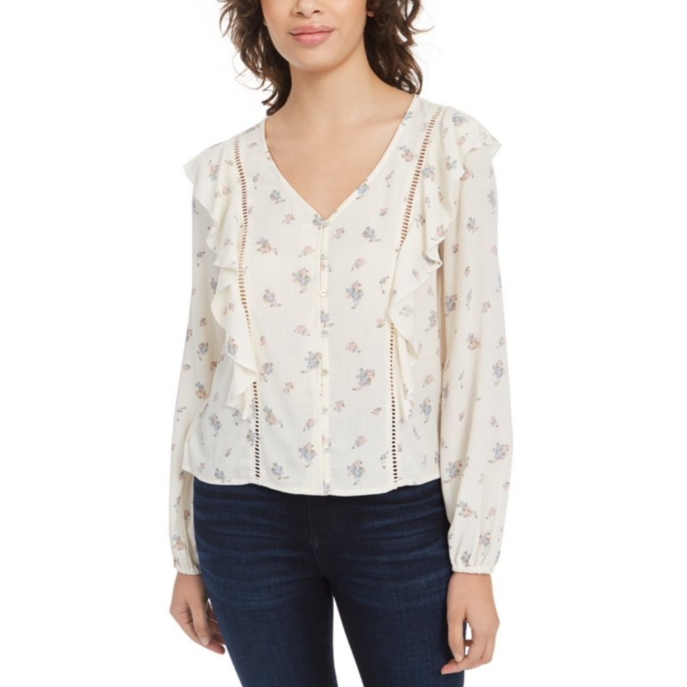 Planet Gold Shirt Women's Medium Ivory Chiffon Floral Long Sleeve Frill Shoulder